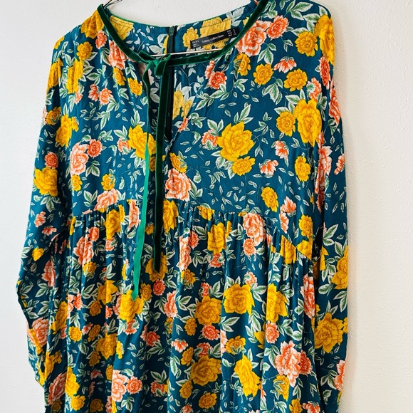 Zara Long Sleeve Floral Boho Flowy Tie Neckline Romper Mini Dress - Picture 7 of 8